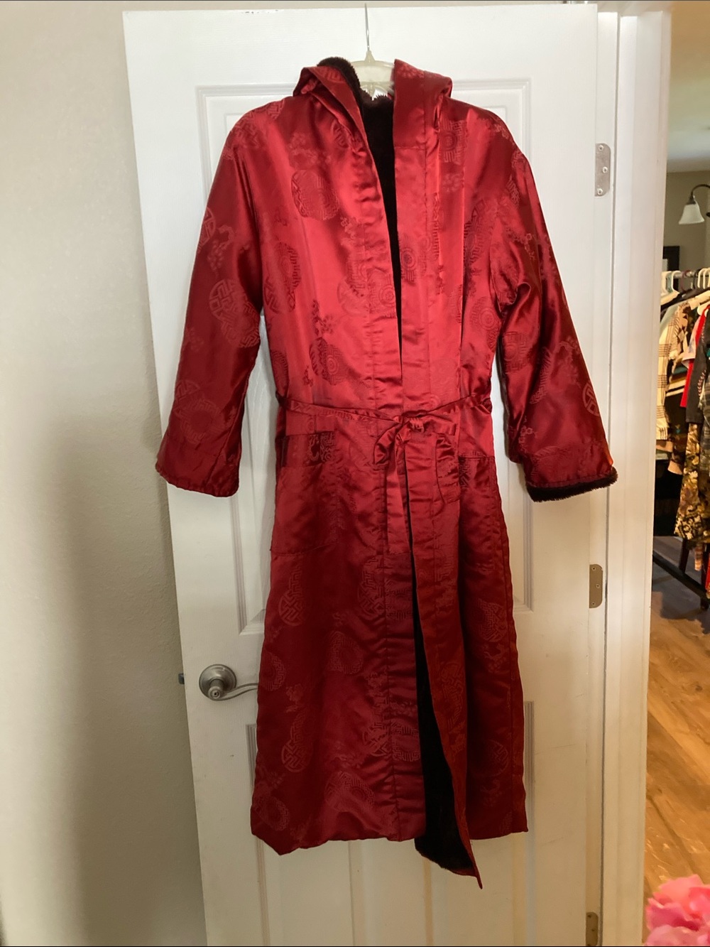 Red Satin Hooded Long Puffer Coat with Tie Waist